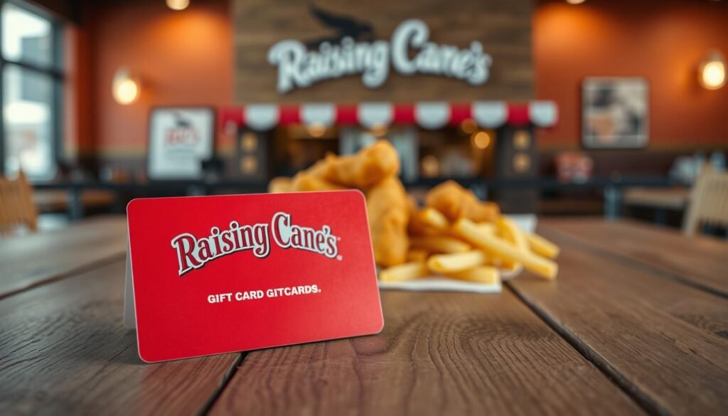 A Raising Cane's gift card prominently displayed in the foreground, resting on a wooden table with a rustic texture. The card's vibrant colors of red and white, featuring the iconic Raising Cane's logo, are sharply defined against the natural wood grain. In the middle, a few golden chicken tenders and crispy fries are arranged attractively, hinting at the delicious meals one can enjoy with the card. In the background, a blurred image of a Raising Cane's restaurant creates an inviting atmosphere, with warm lighting contributing to a cozy, friendly vibe. The overall composition evokes a sense of excitement and anticipation for a tasty meal, ideal for understanding the value of the gift card. A Raising Cane's gift card prominently displayed in the foreground, resting on a wooden table with a rustic texture. The card's vibrant colors of red and white, featuring the iconic Raising Cane's logo, are sharply defined against the natural wood grain. In the middle, a few golden chicken tenders and crispy fries are arranged attractively, hinting at the delicious meals one can enjoy with the card. In the background, a blurred image of a Raising Cane's restaurant creates an inviting atmosphere, with warm lighting contributing to a cozy, friendly vibe. The overall composition evokes a sense of excitement and anticipation for a tasty meal, ideal for understanding the value of the gift card.