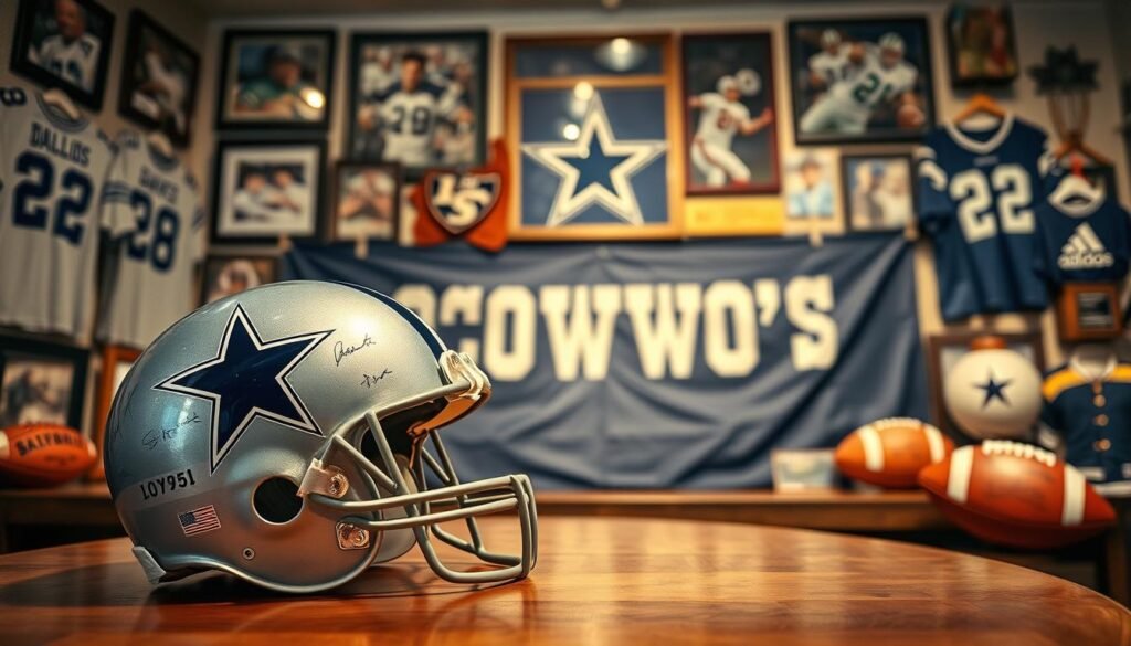 A beautifully arranged display of Dallas Cowboys memorabilia, featuring vintage jerseys, autographed footballs, and iconic merchandise. In the foreground, a prominent blue and silver Dallas Cowboys helmet rests on a polished wooden table, with a background of framed photographs showcasing legendary players. The middle ground features a vibrant Dallas Cowboys banner, adorned with the team logo, creating a lively atmosphere. The scene is illuminated with warm lighting that highlights the textural details of the items, casting soft shadows. The image is captured from a slightly elevated angle, providing a dynamic perspective that invites viewers to explore the rich history of the team. The mood is nostalgic and celebratory, perfect for fans and newcomers alike. A beautifully arranged display of Dallas Cowboys memorabilia, featuring vintage jerseys, autographed footballs, and iconic merchandise. In the foreground, a prominent blue and silver Dallas Cowboys helmet rests on a polished wooden table, with a background of framed photographs showcasing legendary players. The middle ground features a vibrant Dallas Cowboys banner, adorned with the team logo, creating a lively atmosphere. The scene is illuminated with warm lighting that highlights the textural details of the items, casting soft shadows. The image is captured from a slightly elevated angle, providing a dynamic perspective that invites viewers to explore the rich history of the team. The mood is nostalgic and celebratory, perfect for fans and newcomers alike.