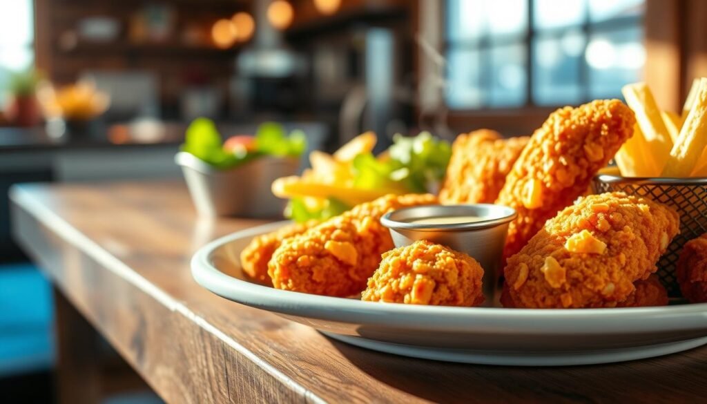 A beautifully arranged plate of Raising Cane's signature chicken tenders, crispy and golden brown, served with fresh, hand-cut fries and a small cup of their famous dipping sauce. In the foreground, focus on the tantalizing texture of the chicken, with steam rising gently to convey freshness. In the middle, a rustic wooden table with a vibrant green salad nearby, emphasizing quality ingredients. The background features a softly blurred kitchen setting, hinting at a friendly, bustling environment. Natural sunlight filters through a nearby window, casting warm, inviting light across the scene, enhancing the appetizing colors of the food. The overall mood is one of warmth and devotion to quality, highlighting the commitment to fresh, premium ingredients at Raising Cane's.