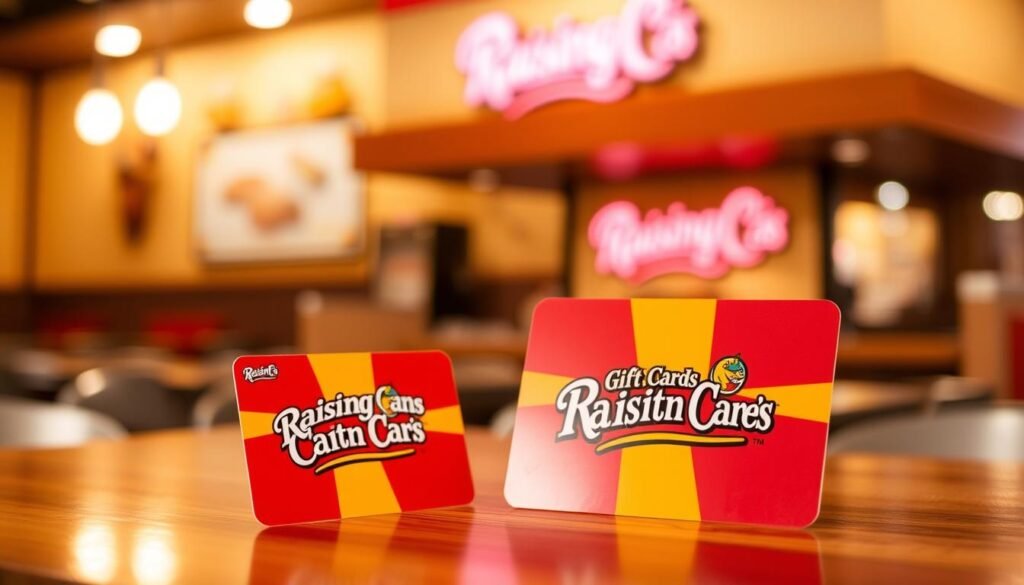 A beautifully designed Raising Cane's gift card prominently displayed in the foreground, showcasing its vibrant red and yellow colors with the iconic cane logo. The card should have a glossy finish, reflecting light to emphasize its quality and appeal. In the middle ground, a blurred image of a cozy Raising Cane's restaurant can be seen, hinting at the inviting atmosphere. The background should have warm, soft lighting that evokes a welcoming vibe, perhaps with subtle bokeh effects to add depth. The overall mood should be cheerful and friendly, capturing the excitement of gift-giving and the joy of a delicious meal at Raising Cane's. A beautifully designed Raising Cane's gift card prominently displayed in the foreground, showcasing its vibrant red and yellow colors with the iconic cane logo. The card should have a glossy finish, reflecting light to emphasize its quality and appeal. In the middle ground, a blurred image of a cozy Raising Cane's restaurant can be seen, hinting at the inviting atmosphere. The background should have warm, soft lighting that evokes a welcoming vibe, perhaps with subtle bokeh effects to add depth. The overall mood should be cheerful and friendly, capturing the excitement of gift-giving and the joy of a delicious meal at Raising Cane's.