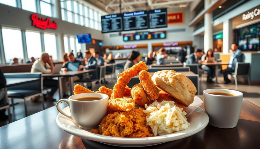 A bustling San Antonio airport breakfast scene focusing on a Raising Cane's outlet. In the foreground, a beautifully arranged breakfast plate featuring crispy chicken strips, buttery biscuits, and creamy coleslaw. A steaming cup of coffee sits beside the plate, with sunlight illuminating the meal. In the middle ground, travelers in professional attire enjoy their breakfast at modern tables, some using their laptops. The background showcases sleek airport architecture with travelers checking flight information on digital boards and bustling shops. Bright, natural lighting filters through large windows, creating a warm and inviting atmosphere. The overall mood is lively and dynamic, capturing the unique experience of enjoying rare breakfast service at an airport.