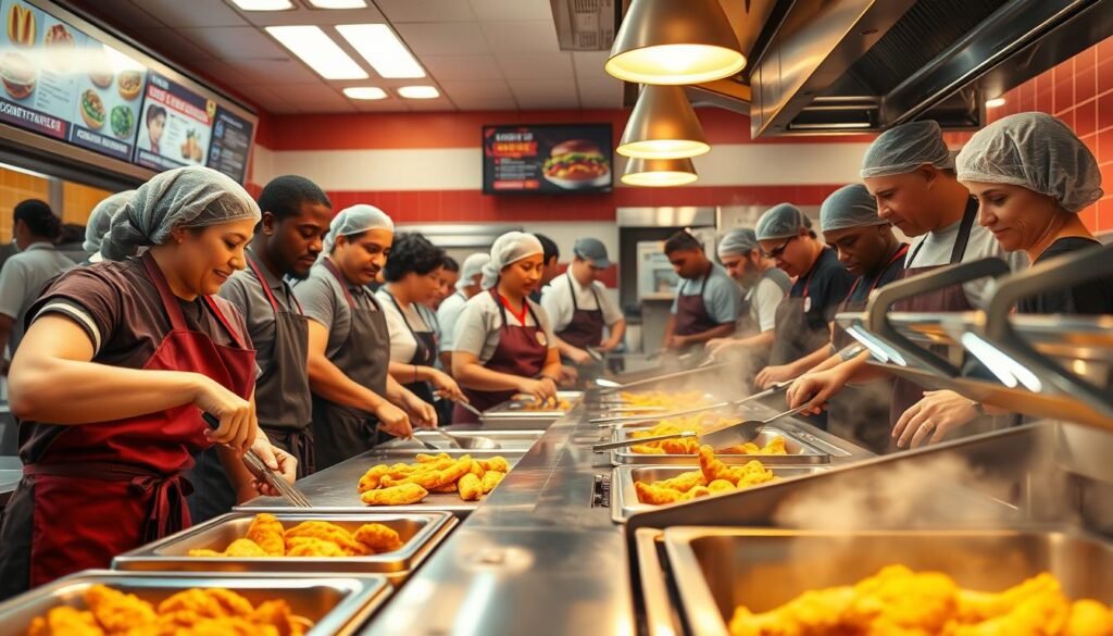 A bustling cook station in a vibrant fast-food restaurant, emphasizing the energetic atmosphere of busy kitchen work. In the foreground, a diverse group of employees in professional kitchen attire, including aprons and hairnets, skillfully preparing chicken tenders on a stainless steel work surface. The middle ground showcases fryers and a grill sizzling with food, steam rising, and utensils glimmering under bright overhead lights. The background features a colorful menu board and kitchen equipment, creating an immersive setting. The lighting is warm and inviting, illustrating a dynamic and collaborative workplace. The scene captures a sense of teamwork and dedication, conveying the joy and hustle of working at a cook station. A bustling cook station in a vibrant fast-food restaurant, emphasizing the energetic atmosphere of busy kitchen work. In the foreground, a diverse group of employees in professional kitchen attire, including aprons and hairnets, skillfully preparing chicken tenders on a stainless steel work surface. The middle ground showcases fryers and a grill sizzling with food, steam rising, and utensils glimmering under bright overhead lights. The background features a colorful menu board and kitchen equipment, creating an immersive setting. The lighting is warm and inviting, illustrating a dynamic and collaborative workplace. The scene captures a sense of teamwork and dedication, conveying the joy and hustle of working at a cook station.