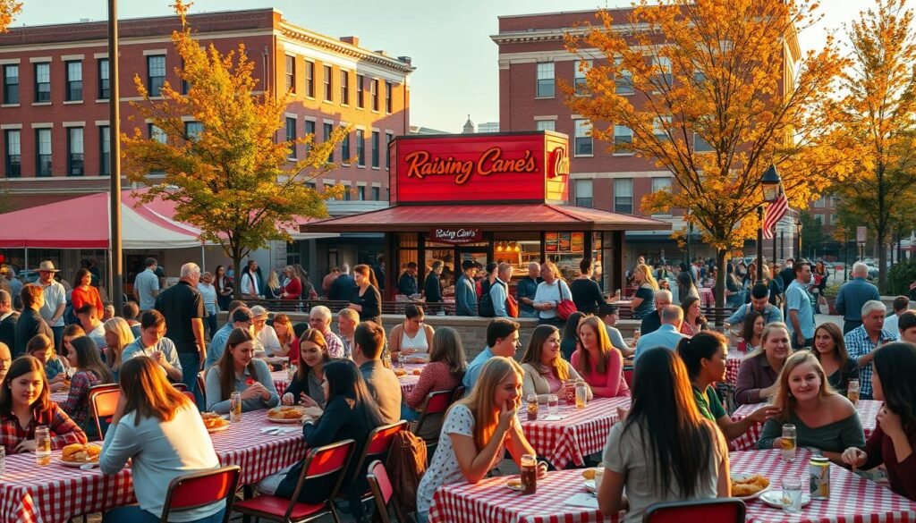 A bustling university district dining scene during the golden hour, with warm, inviting lighting. In the foreground, tables adorned with vibrant red and white checkered tablecloths filled with students enjoying their meals, dressed in casual yet polished outfits. In the middle ground, a prominent Raising Cane's restaurant showcasing its signature signage and an array of delicious fried chicken dishes, surrounded by a diverse crowd of happy diners. The background features historic red brick buildings and trees in autumn colors, creating a vibrant campus atmosphere. A wide-angle lens captures the lively interaction among students, conveying a sense of community and excitement. The scene is lively but relaxed, emphasizing the welcoming nature of the new location.