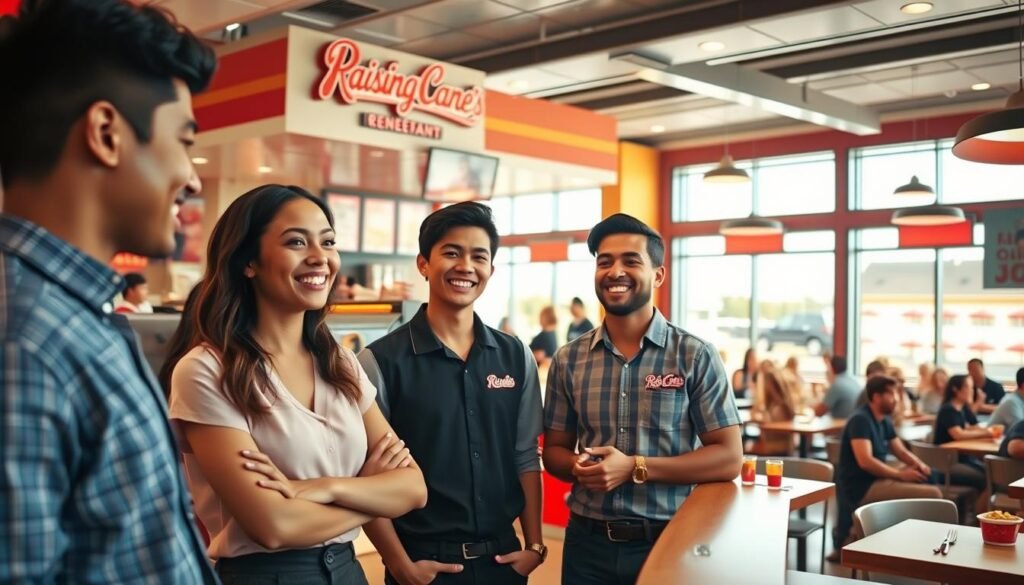 A busy Raising Cane's restaurant setting with a focus on a diverse group of prospective crewmembers in a professional atmosphere. In the foreground, three individuals, a young woman and two young men, are smiling and engaged in friendly conversation while discussing job opportunities; they are dressed in smart-casual attire. The middle ground features a welcoming Raising Cane's counter with menu items displayed, such as fried chicken and sides. In the background, a bright and inviting dining area with cheerful customers enjoying their meals, well-lit by warm, natural light coming through large windows. The mood is optimistic and energetic, capturing the spirit of teamwork and professionalism. Use a wide-angle lens to provide an immersive view, highlighting the camaraderie and vibrant environment of the workplace. A busy Raising Cane's restaurant setting with a focus on a diverse group of prospective crewmembers in a professional atmosphere. In the foreground, three individuals, a young woman and two young men, are smiling and engaged in friendly conversation while discussing job opportunities; they are dressed in smart-casual attire. The middle ground features a welcoming Raising Cane's counter with menu items displayed, such as fried chicken and sides. In the background, a bright and inviting dining area with cheerful customers enjoying their meals, well-lit by warm, natural light coming through large windows. The mood is optimistic and energetic, capturing the spirit of teamwork and professionalism. Use a wide-angle lens to provide an immersive view, highlighting the camaraderie and vibrant environment of the workplace.