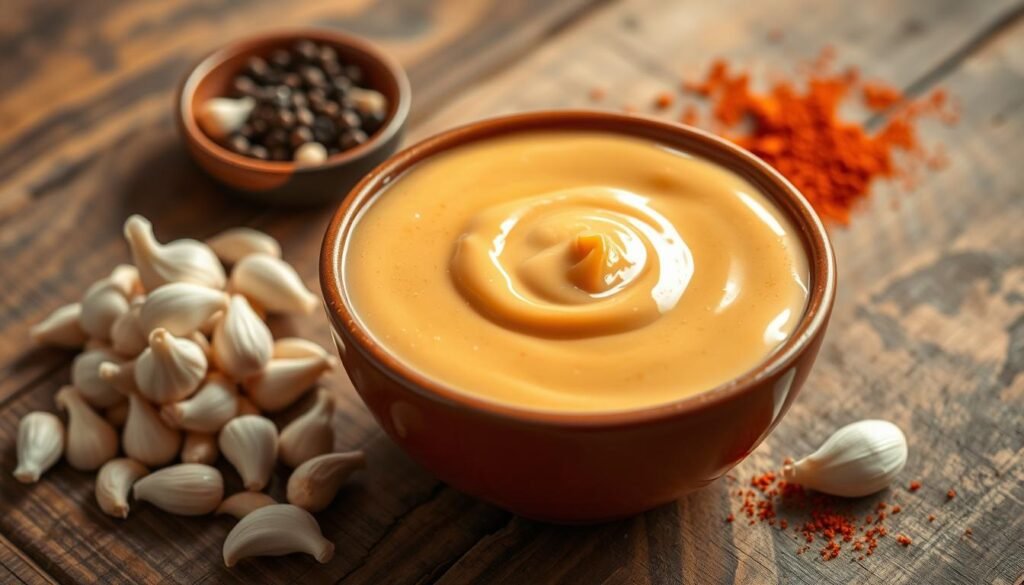 A close-up of a bowl of Raising Cane's sauce, showcasing its creamy consistency and unique color. The sauce should be surrounded by its essential ingredients: a pile of fresh garlic cloves, a small dish of black pepper, and a sprinkle of paprika, arranged artfully around the bowl. In the background, a rustic wooden table adds warmth, with soft, natural lighting casting gentle shadows that enhance the richness of the sauce. Capture the image from a slightly elevated angle, allowing the viewer to appreciate the texture and inviting appearance of the sauce. The overall mood should be inviting and appetizing, highlighting the essence of the perfect blend of flavors that make Cane's sauce irresistible. A close-up of a bowl of Raising Cane's sauce, showcasing its creamy consistency and unique color. The sauce should be surrounded by its essential ingredients: a pile of fresh garlic cloves, a small dish of black pepper, and a sprinkle of paprika, arranged artfully around the bowl. In the background, a rustic wooden table adds warmth, with soft, natural lighting casting gentle shadows that enhance the richness of the sauce. Capture the image from a slightly elevated angle, allowing the viewer to appreciate the texture and inviting appearance of the sauce. The overall mood should be inviting and appetizing, highlighting the essence of the perfect blend of flavors that make Cane's sauce irresistible.