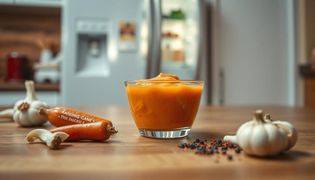 A close-up of a small glass bowl filled with Raising Cane's sauce, showcasing its creamy, tangy texture and rich orange hue. The bowl is placed on a sleek wooden kitchen countertop, surrounded by fresh ingredients like garlic cloves, paprika, and a sprinkle of black pepper to emphasize the sauce's flavor profile. In the background, a softly diffused light illuminates a refrigerator, hinting at the importance of refrigeration for preserving the sauce's quality. The setting is cozy and inviting, with warm kitchen tones and a focus on freshness. The angle is slightly overhead, capturing both the sauce and the surrounding ingredients in rich detail, creating a mouthwatering atmosphere. A close-up of a small glass bowl filled with Raising Cane's sauce, showcasing its creamy, tangy texture and rich orange hue. The bowl is placed on a sleek wooden kitchen countertop, surrounded by fresh ingredients like garlic cloves, paprika, and a sprinkle of black pepper to emphasize the sauce's flavor profile. In the background, a softly diffused light illuminates a refrigerator, hinting at the importance of refrigeration for preserving the sauce's quality. The setting is cozy and inviting, with warm kitchen tones and a focus on freshness. The angle is slightly overhead, capturing both the sauce and the surrounding ingredients in rich detail, creating a mouthwatering atmosphere.