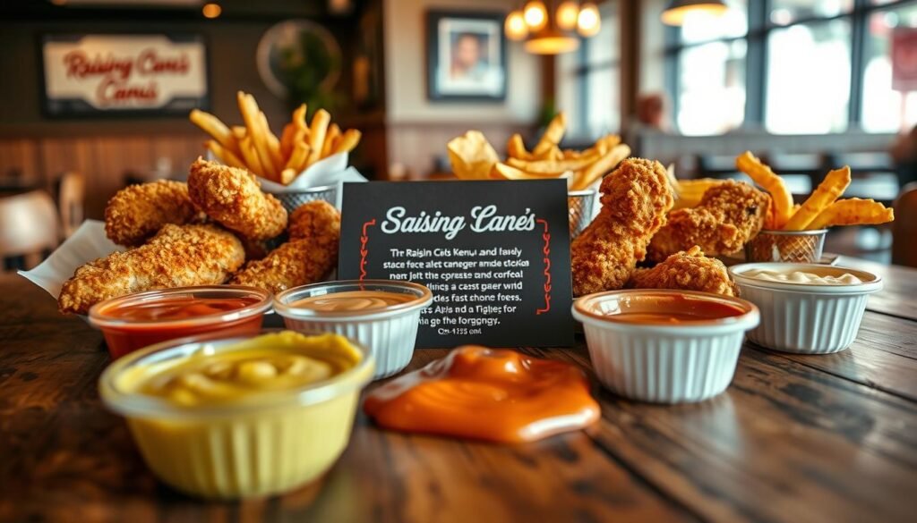 A close-up view of a delicious Raising Cane's secret menu spread, featuring crispy chicken tenders, flavorful dipping sauces, and a side of crinkle-cut fries arranged artistically on a rustic wooden table. In the foreground, highlight the texture of the chicken and the vibrant colors of the sauces. In the middle, include a stylish menu card, slightly blurred, describing the hidden menu items in an elegant font. The background should have an inviting restaurant ambiance with soft, warm lighting and wooden decor, evoking a cozy atmosphere. Use a shallow depth of field to create a dreamy focus on the food, presenting an enticing scene that captures the excitement of discovering secret menu hacks. A close-up view of a delicious Raising Cane's secret menu spread, featuring crispy chicken tenders, flavorful dipping sauces, and a side of crinkle-cut fries arranged artistically on a rustic wooden table. In the foreground, highlight the texture of the chicken and the vibrant colors of the sauces. In the middle, include a stylish menu card, slightly blurred, describing the hidden menu items in an elegant font. The background should have an inviting restaurant ambiance with soft, warm lighting and wooden decor, evoking a cozy atmosphere. Use a shallow depth of field to create a dreamy focus on the food, presenting an enticing scene that captures the excitement of discovering secret menu hacks.