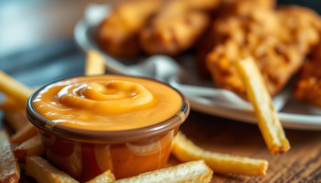 A close-up view of a vibrant and flavorful Cane's sauce in a small bowl, featuring a rich, creamy texture with a hint of tanginess. The sauce is surrounded by fresh cut fries, crispy and golden, suggestively placed on a rustic wooden table. In the background, a blurred out plate of crispy chicken fingers adds depth, emphasizing the connection to the menu. The lighting is warm and inviting, casting soft shadows to enhance the texture of the sauce. The overall atmosphere is casual and appetizing, evoking a sense of comfort food satisfaction. The image captures the essence of essential sides, inviting viewers to enjoy a delicious dining experience.