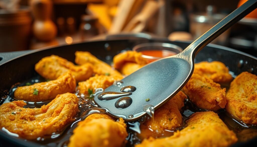 A close-up view of frying chicken strips in a cast iron skillet, sizzling in hot oil. The chicken strips are golden brown, perfectly breaded with a crispy coating, glistening as they fry. In the foreground, there is a spatula gently turning the strips, with droplets of oil splashing around. In the middle ground, a few herbs and spices are scattered for added flavor, along with a small bowl of dipping sauce. In the background, an inviting kitchen setting is softly blurred out, with warm lighting illuminating the scene, creating a cozy and appetizing atmosphere. The camera angle captures a dynamic perspective, emphasizing the texture of the chicken and the action of frying.
