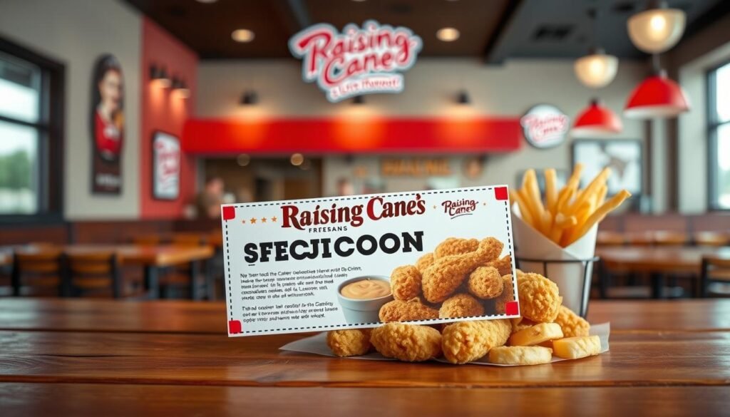 A colorful, eye-catching Raising Cane's coupon design featuring a prominent depiction of a delicious chicken meal, including crispy chicken fingers, fries, and their signature dipping sauce. In the foreground, the coupon is positioned attractively on a wooden table, adding a rustic touch. The middle ground includes slight blurring, showing a friendly, welcoming Raising Cane's restaurant atmosphere with soft lighting that creates a warm, inviting mood. In the background, hints of the restaurant's branding, like the logo and color scheme, can be subtly included, ensuring focus remains on the coupon. A balanced composition with natural lighting emphasizes the food's textures, evoking a sense of craving and excitement about using the coupon. A colorful, eye-catching Raising Cane's coupon design featuring a prominent depiction of a delicious chicken meal, including crispy chicken fingers, fries, and their signature dipping sauce. In the foreground, the coupon is positioned attractively on a wooden table, adding a rustic touch. The middle ground includes slight blurring, showing a friendly, welcoming Raising Cane's restaurant atmosphere with soft lighting that creates a warm, inviting mood. In the background, hints of the restaurant's branding, like the logo and color scheme, can be subtly included, ensuring focus remains on the coupon. A balanced composition with natural lighting emphasizes the food's textures, evoking a sense of craving and excitement about using the coupon.