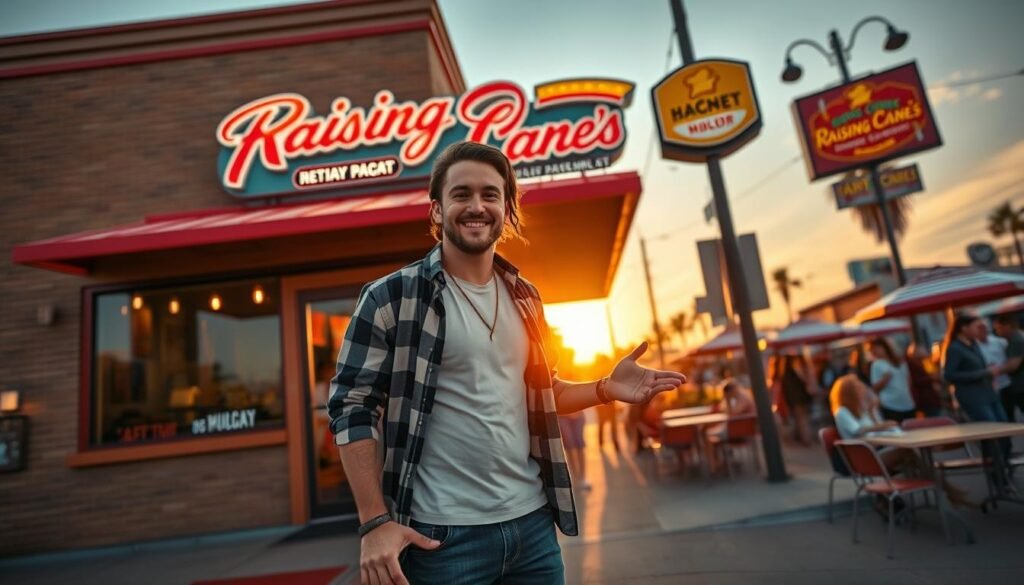 A concept image of Post Malone in front of a Raising Cane's restaurant in Dallas, Texas. In the foreground, he is dressed in a smart-casual outfit—an unbuttoned flannel shirt over a plain t-shirt, paired with stylish jeans and sneakers. He has an approachable smile and is gesturing towards the restaurant, inviting customers in. In the middle ground, the colorful Raising Cane’s sign prominently displays its logo, with people in the background enjoying their meals on the patio. The atmosphere is vibrant and lively, capturing the excitement of a busy restaurant. The sun sets behind the building, casting warm golden light, and the street is bustling with people. The angle is slightly low, emphasizing the height of the restaurant and creating a welcoming, friendly vibe. A concept image of Post Malone in front of a Raising Cane's restaurant in Dallas, Texas. In the foreground, he is dressed in a smart-casual outfit—an unbuttoned flannel shirt over a plain t-shirt, paired with stylish jeans and sneakers. He has an approachable smile and is gesturing towards the restaurant, inviting customers in. In the middle ground, the colorful Raising Cane’s sign prominently displays its logo, with people in the background enjoying their meals on the patio. The atmosphere is vibrant and lively, capturing the excitement of a busy restaurant. The sun sets behind the building, casting warm golden light, and the street is bustling with people. The angle is slightly low, emphasizing the height of the restaurant and creating a welcoming, friendly vibe.