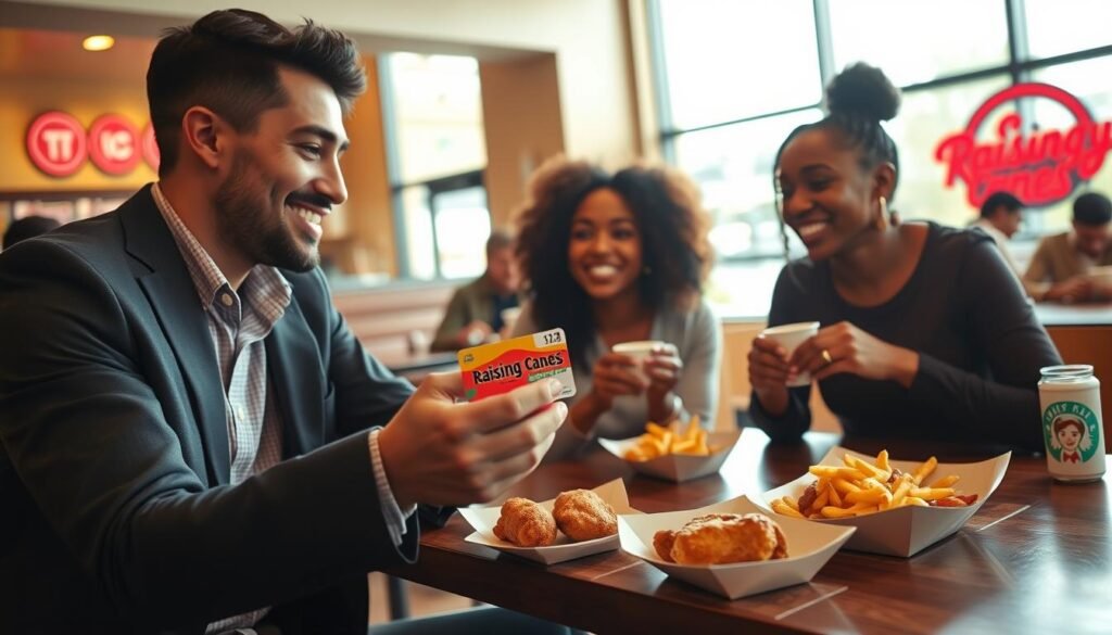 A cozy and inviting Raising Cane's restaurant interior, showcasing a group of diverse customers gathered around a table, happily using their gift cards while enjoying their meals. In the foreground, a well-dressed young man offers a Raising Cane's gift card with a smile, as a diverse female friend looks on eagerly, both dressed in casual yet professional attire. The middle ground features the vibrant hues of the restaurant's famous chicken and fries on a wooden table, with a hint of the iconic Raising Cane's logo visible in the background. Soft, warm lighting creates an inviting atmosphere, with sunlight gently illuminating the scene through large windows, capturing the friendliness and community spirit of the restaurant. The angle should focus on the interaction at the table, highlighting joy and engagement without distractions. A cozy and inviting Raising Cane's restaurant interior, showcasing a group of diverse customers gathered around a table, happily using their gift cards while enjoying their meals. In the foreground, a well-dressed young man offers a Raising Cane's gift card with a smile, as a diverse female friend looks on eagerly, both dressed in casual yet professional attire. The middle ground features the vibrant hues of the restaurant's famous chicken and fries on a wooden table, with a hint of the iconic Raising Cane's logo visible in the background. Soft, warm lighting creates an inviting atmosphere, with sunlight gently illuminating the scene through large windows, capturing the friendliness and community spirit of the restaurant. The angle should focus on the interaction at the table, highlighting joy and engagement without distractions.