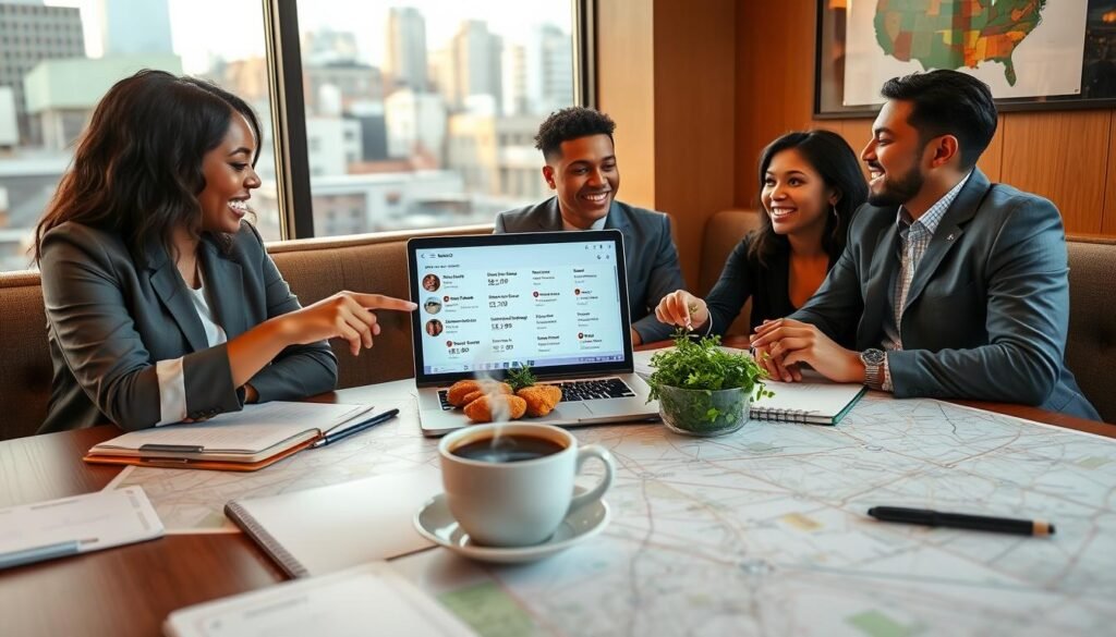 A cozy café setting with a large table covered in maps, notebooks, and a laptop displaying the Raising Cane's locations. In the foreground, a diverse group of three individuals in professional casual attire enthusiastically discuss the best visit times, pointing at the screen and laughing. The middle section features a steaming cup of coffee and a bowl of chicken tenders surrounded by vibrant greenery, enhancing the inviting atmosphere. The background showcases a window with a soft golden light filtering through, suggesting a late afternoon, with city buildings faintly visible. The mood is friendly, collaborative, and lively, encouraging effective planning for a visit. A cozy café setting with a large table covered in maps, notebooks, and a laptop displaying the Raising Cane's locations. In the foreground, a diverse group of three individuals in professional casual attire enthusiastically discuss the best visit times, pointing at the screen and laughing. The middle section features a steaming cup of coffee and a bowl of chicken tenders surrounded by vibrant greenery, enhancing the inviting atmosphere. The background showcases a window with a soft golden light filtering through, suggesting a late afternoon, with city buildings faintly visible. The mood is friendly, collaborative, and lively, encouraging effective planning for a visit.