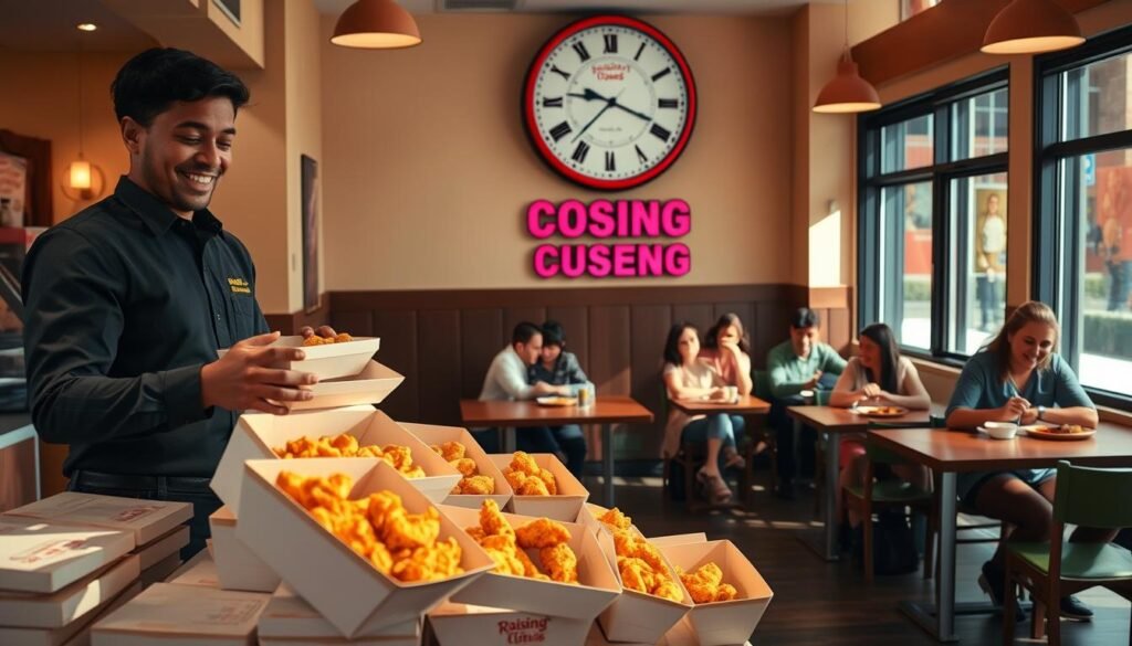 A cozy interior scene of a Raising Cane's restaurant, showcasing a brightly lit dining area during peak hours. In the foreground, a friendly staff member in a smart casual uniform arranges a stack of takeout boxes filled with crispy chicken tenders. In the middle ground, families and friends are seated at wooden tables, enjoying their meals and smiling, embodying a jovial atmosphere. The background features a large wall clock prominently displaying typical closing hours, framed by colorful Raising Cane’s branding. Soft, warm lighting enhances the inviting mood while natural light filters in through large windows, creating an open, welcoming feel. The angle is slightly elevated, capturing the entire space while maintaining focus on the staff member and the clock. A cozy interior scene of a Raising Cane's restaurant, showcasing a brightly lit dining area during peak hours. In the foreground, a friendly staff member in a smart casual uniform arranges a stack of takeout boxes filled with crispy chicken tenders. In the middle ground, families and friends are seated at wooden tables, enjoying their meals and smiling, embodying a jovial atmosphere. The background features a large wall clock prominently displaying typical closing hours, framed by colorful Raising Cane’s branding. Soft, warm lighting enhances the inviting mood while natural light filters in through large windows, creating an open, welcoming feel. The angle is slightly elevated, capturing the entire space while maintaining focus on the staff member and the clock.