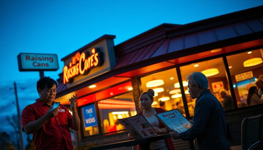 A cozy, well-lit exterior of a Raising Cane's restaurant at twilight, showcasing its vibrant signage against a deepening blue sky. In the foreground, a friendly staff member in a red Raising Cane's uniform is checking the time on a smartphone, symbolizing the importance of closing hours. In the middle, a couple looks on thoughtfully, standing near a table with an illuminated menu in front of them, contemplating their orders as the soft glow from the restaurant illuminates their faces. The background features warmly lit windows showcasing the interior ambiance, filled with diners enjoying their meals. The atmosphere is inviting yet reflective, with the ambient glow emphasizing a sense of community and anticipation. The angle highlights both the restaurant's charm and the importance of understanding its closing hours. A cozy, well-lit exterior of a Raising Cane's restaurant at twilight, showcasing its vibrant signage against a deepening blue sky. In the foreground, a friendly staff member in a red Raising Cane's uniform is checking the time on a smartphone, symbolizing the importance of closing hours. In the middle, a couple looks on thoughtfully, standing near a table with an illuminated menu in front of them, contemplating their orders as the soft glow from the restaurant illuminates their faces. The background features warmly lit windows showcasing the interior ambiance, filled with diners enjoying their meals. The atmosphere is inviting yet reflective, with the ambient glow emphasizing a sense of community and anticipation. The angle highlights both the restaurant's charm and the importance of understanding its closing hours.
