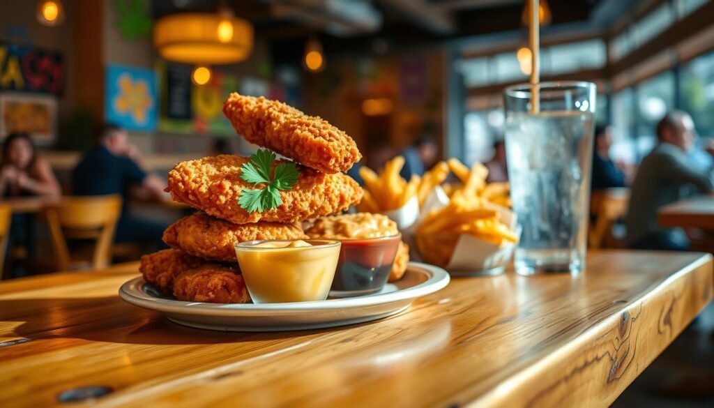 A delicious plate of craveable chicken fingers, perfectly golden-brown and crispy, takes center stage in a bright, inviting setting. The chicken fingers are stacked artfully against a side of tangy dipping sauce, garnished with fresh parsley. In the foreground, a rustic wooden table shines under warm, soft lighting that enhances the meal's appealing textures. In the middle ground, a side of crispy fries and an iced drink with condensation capture the essence of a casual dining experience. The background features blurred elements of a bustling restaurant atmosphere, including colorful decor and patrons enjoying their meals, adding to the lively mood. The composition is shot from a slightly elevated angle to showcase the meal's details beautifully and create an inviting scene.
