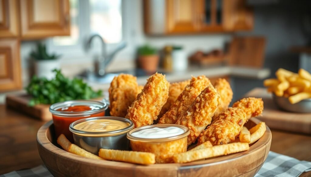 A delicious plate of freshly made chicken tenders, golden brown and crispy, arranged neatly in a rustic wooden bowl. The tenders are surrounded by a mix of dipping sauces, including tangy barbecue and zesty ranch, with a side of crispy fries. In the background, there is a soft focus of a cozy kitchen setting, showcasing warm wooden cabinets and a hint of fresh herbs on a cutting board. The lighting is warm and inviting, mimicking natural sunlight streaming through a window, enhancing the crispy texture of the chicken. The scene conveys a homely, comforting atmosphere, perfect for a family meal. The composition should be taken from a slight overhead angle to capture both the details of the chicken tenders and the vibrant colors of the sauces.