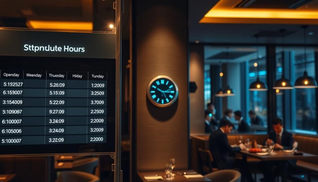 A detailed late-night service schedule displayed prominently on a sleek, modern restaurant wall, illuminated by soft, warm overhead lighting. In the foreground, clear glass panels feature the illuminated schedule with varying operating hours for different weekdays, each time slot highlighted with gentle glows. The middle ground includes a stylish digital clock showing the current time, surrounded by subtle shadows cast by furniture in a contemporary setting. In the background, the ambiance reflects a cozy late-night atmosphere with dimly lit tables and a few patrons in professional business attire enjoying a meal. Use a shallow depth of field to emphasize the schedule while softly blurring the background for a focused look, conveying a sense of calm amidst late-night dining bustle. A detailed late-night service schedule displayed prominently on a sleek, modern restaurant wall, illuminated by soft, warm overhead lighting. In the foreground, clear glass panels feature the illuminated schedule with varying operating hours for different weekdays, each time slot highlighted with gentle glows. The middle ground includes a stylish digital clock showing the current time, surrounded by subtle shadows cast by furniture in a contemporary setting. In the background, the ambiance reflects a cozy late-night atmosphere with dimly lit tables and a few patrons in professional business attire enjoying a meal. Use a shallow depth of field to emphasize the schedule while softly blurring the background for a focused look, conveying a sense of calm amidst late-night dining bustle.