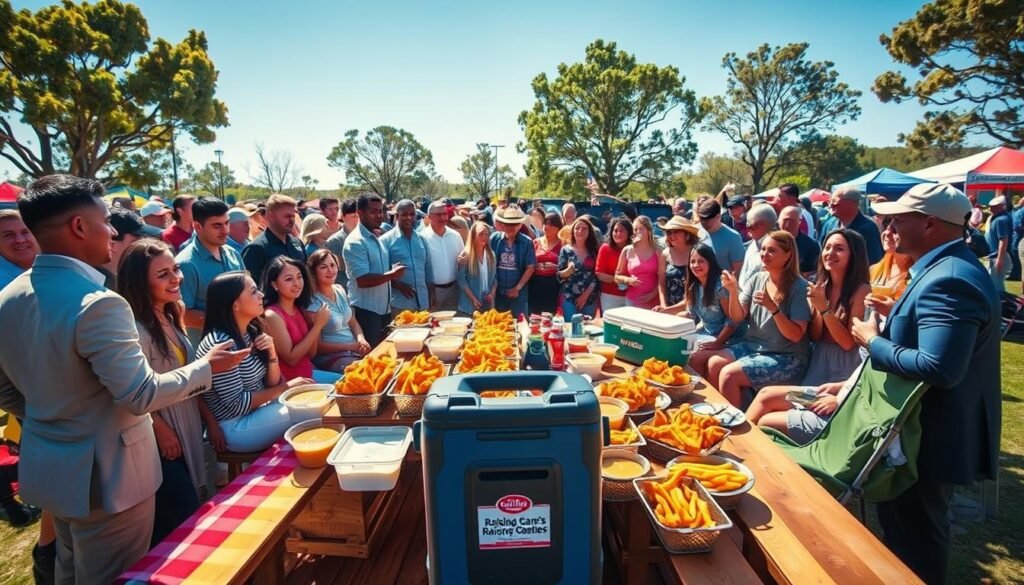A lively tailgate scene featuring a large group of people enjoying a Raising Cane's feast. In the foreground, a diverse crowd of well-dressed individuals in casual but neat clothing gather around a picnic table filled with Raising Cane's signature chicken tenders, fries, and dipping sauces. The middle ground shows a well-decorated tailgate setup with colorful blankets and lawn chairs, along with a portable cooler and some sports equipment, hinting at camaraderie and celebration. In the background, the atmosphere is vibrant, with trees and a clear blue sky, creating an inviting outdoor setting. The lighting is warm and bright, suggesting a sunny day. Capture the mood of joy, friendship, and community. A lively tailgate scene featuring a large group of people enjoying a Raising Cane's feast. In the foreground, a diverse crowd of well-dressed individuals in casual but neat clothing gather around a picnic table filled with Raising Cane's signature chicken tenders, fries, and dipping sauces. The middle ground shows a well-decorated tailgate setup with colorful blankets and lawn chairs, along with a portable cooler and some sports equipment, hinting at camaraderie and celebration. In the background, the atmosphere is vibrant, with trees and a clear blue sky, creating an inviting outdoor setting. The lighting is warm and bright, suggesting a sunny day. Capture the mood of joy, friendship, and community.