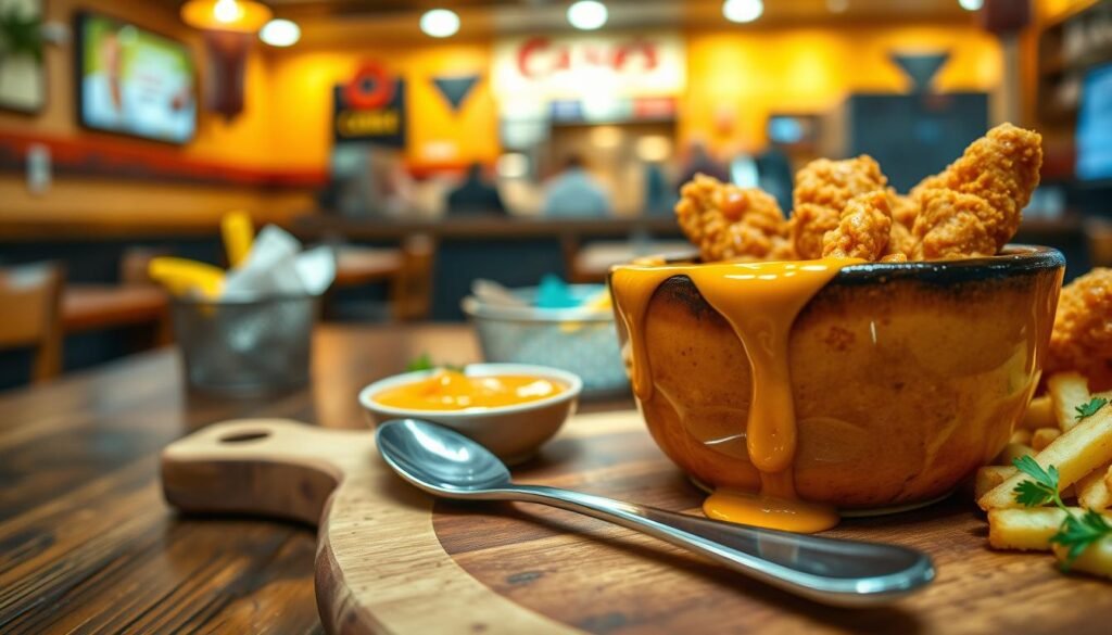 A mouthwatering close-up of a bowl of Cane's sauce, showcasing its rich, creamy texture and inviting golden-orange hue. The foreground features a textured wooden serving board with the sauce prominently placed in an artisanal bowl, surrounded by freshly fried chicken fingers and crunchy fries. In the middle ground, a rustic diner table is lightly garnished with a few herbs and a dipping spoon nestled beside the bowl, emphasizing the casual dining experience. The background features a softly blurred ambiance of a vibrant fast-food restaurant, with warm lighting that creates a cozy atmosphere. The scene encapsulates the excitement of customizing a meal, inviting viewers to delve into their own culinary adventures.