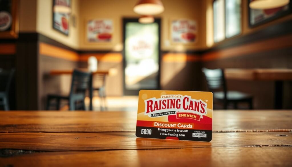 A physical discount card for Raising Cane's prominently displayed in the foreground, featuring a sleek design showcasing the vibrant colors of the restaurant's branding. The card is placed on a rustic wooden table, emphasizing its tangible value. In the middle ground, a subtle blur of a casual dining environment captures the essence of a Raising Cane's location, hinting at the warm, inviting atmosphere. Soft, natural lighting filters through a nearby window, casting gentle shadows that enhance the card's details. The image is shot from a slightly elevated angle to highlight the card's features effectively. The overall mood is inviting and cheerful, centered around the idea of savings and enjoyment at a beloved fast-food chain. A physical discount card for Raising Cane's prominently displayed in the foreground, featuring a sleek design showcasing the vibrant colors of the restaurant's branding. The card is placed on a rustic wooden table, emphasizing its tangible value. In the middle ground, a subtle blur of a casual dining environment captures the essence of a Raising Cane's location, hinting at the warm, inviting atmosphere. Soft, natural lighting filters through a nearby window, casting gentle shadows that enhance the card's details. The image is shot from a slightly elevated angle to highlight the card's features effectively. The overall mood is inviting and cheerful, centered around the idea of savings and enjoyment at a beloved fast-food chain.