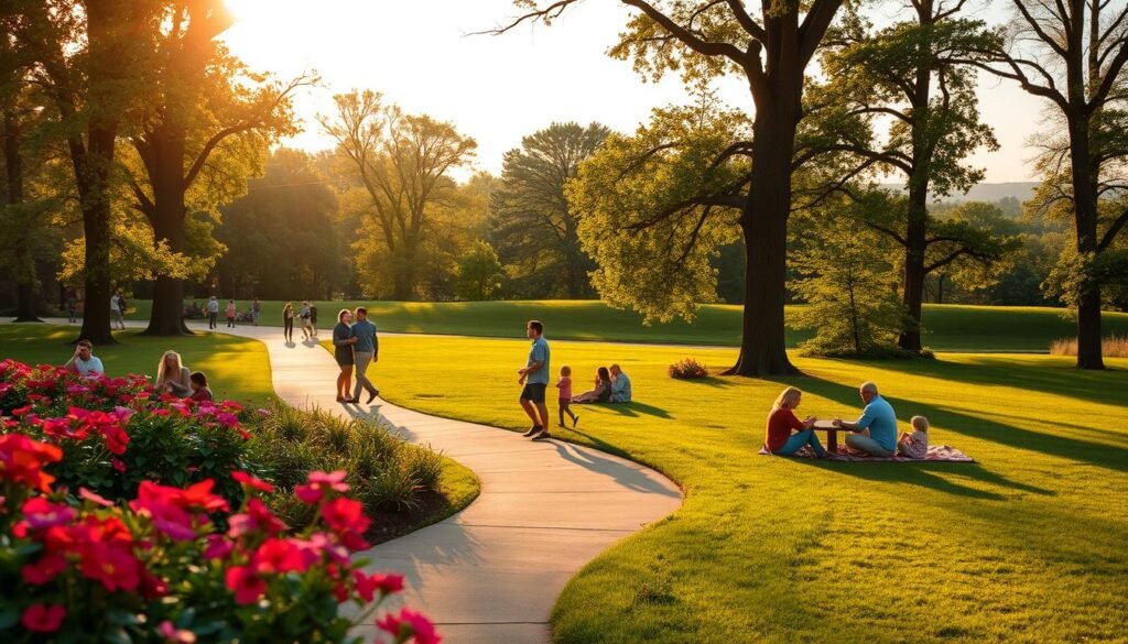A picturesque scene of Garden State Park in New Jersey during the golden hour, featuring vibrant greenery and blooming flowers in the foreground. A well-maintained path winds through the park, inviting visitors for a leisurely stroll. In the middle ground, families enjoy a picnic on the grass, with children playing nearby, all dressed in smart casual attire. The background showcases tall trees casting gentle shadows and a distant view of the Cherry Hill skyline, adding an urban touch to the serene natural setting. Soft sunlight filters through the branches, creating a warm, inviting atmosphere. The image should capture a sense of community and happiness, evoking a welcoming environment perfect for a new restaurant's arrival. Use a slightly elevated angle to encompass the park's beauty.