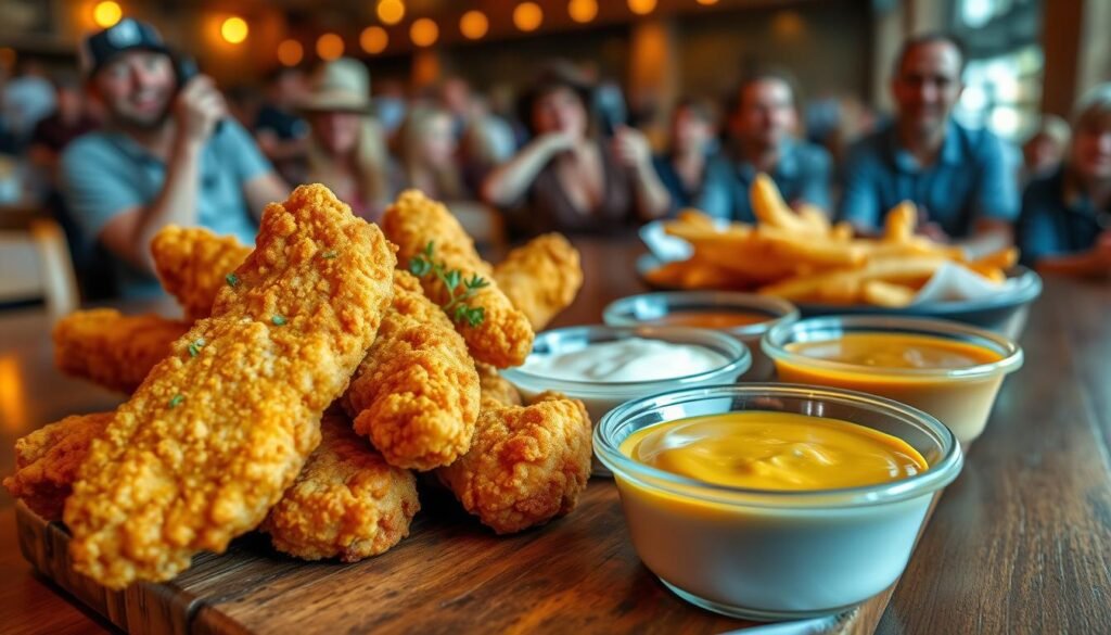 A plate of golden-brown chicken fingers, perfectly crispy with a slight sheen, served alongside vibrant dipping sauces like zesty ranch and tangy honey mustard. In the foreground, focus on the chicken fingers arranged artfully with a sprinkle of fresh herbs for garnish. In the middle, a rustic wooden table setting enhances the homely appeal, with a subtle reflection of the sauces. In the background, blurred but recognizable, are fans enjoying their meals in a lively yet relaxed atmosphere, with warm, inviting lighting that creates a sense of comfort and excitement. Capture this moment with a shallow depth of field, using natural light to accentuate the textures of the chicken fingers, evoking a mood of enjoyment and anticipation. A plate of golden-brown chicken fingers, perfectly crispy with a slight sheen, served alongside vibrant dipping sauces like zesty ranch and tangy honey mustard. In the foreground, focus on the chicken fingers arranged artfully with a sprinkle of fresh herbs for garnish. In the middle, a rustic wooden table setting enhances the homely appeal, with a subtle reflection of the sauces. In the background, blurred but recognizable, are fans enjoying their meals in a lively yet relaxed atmosphere, with warm, inviting lighting that creates a sense of comfort and excitement. Capture this moment with a shallow depth of field, using natural light to accentuate the textures of the chicken fingers, evoking a mood of enjoyment and anticipation.