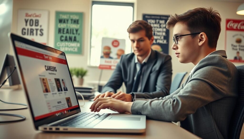 A professional depiction of a young person sitting at a modern desk, intently filling out an online job application for Raising Cane's. In the foreground, close up on the laptop screen displaying the Raising Cane's careers webpage with job listings. The middle layer features the applicant, dressed in smart casual attire, showcasing focus and determination. In the background, a bright and inviting workspace with motivational posters about teamwork and customer service. Soft, natural light filters through a nearby window, creating an optimistic atmosphere that encourages ambition. The angle captures the desk and screen at a slight tilt for depth, emphasizing the application process while keeping the environment clutter-free and professional. A professional depiction of a young person sitting at a modern desk, intently filling out an online job application for Raising Cane's. In the foreground, close up on the laptop screen displaying the Raising Cane's careers webpage with job listings. The middle layer features the applicant, dressed in smart casual attire, showcasing focus and determination. In the background, a bright and inviting workspace with motivational posters about teamwork and customer service. Soft, natural light filters through a nearby window, creating an optimistic atmosphere that encourages ambition. The angle captures the desk and screen at a slight tilt for depth, emphasizing the application process while keeping the environment clutter-free and professional.