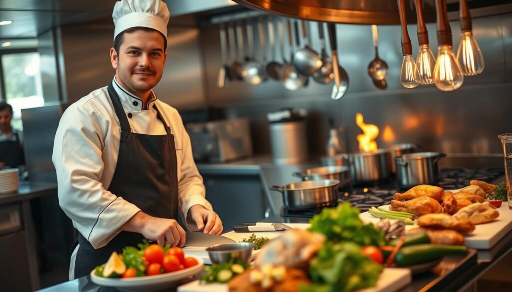 A skilled restaurant cook stands confidently in a bustling kitchen, wearing a clean white chef's jacket and a black apron. They are preparing a delicious dish at a stainless-steel countertop, with fresh ingredients like colorful vegetables and succulent chicken prominently displayed. In the foreground, the cook expertly chops herbs, showcasing their culinary skills. The middle ground features pots simmering on a gas stove and a bright cutting board piled with chopped ingredients. The background reveals a well-organized kitchen with gleaming utensils hanging and flames flickering, creating a dynamic and energetic atmosphere. Soft, warm lighting highlights the cook’s focused expression, capturing the dedication and professionalism required in their role. The overall mood is lively, inviting, and industrious, reflecting the importance of a restaurant cook's responsibilities.