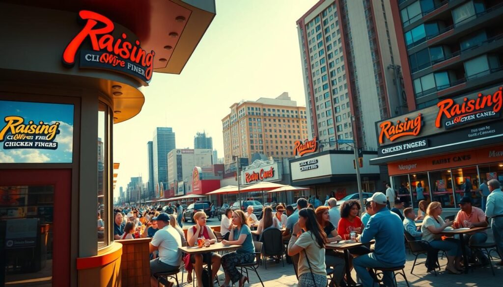 A vibrant Raising Cane's Chicken Fingers restaurant exterior during the day, showcasing multiple locations in a bustling urban setting. In the foreground, an inviting entrance with the iconic Raising Cane's logo and bright red accents. The middle layer features happy customers in casual attire enjoying meals at outdoor tables, connected with the cheerful atmosphere. The background showcases a diverse cityscape, with other Raising Cane's locations visible, hinting at their nationwide expansion. The lighting is warm and sunny, creating a welcoming ambiance. Camera angle is slightly elevated, capturing the lively scene from a dynamic perspective, emphasizing community and excitement around the restaurant. The overall mood is joyful and energetic, inviting viewers to experience the vibrant atmosphere of Raising Cane's.