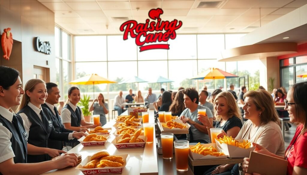 A vibrant and bustling Raising Cane's restaurant depicted in a sunny afternoon setting. In the foreground, a team of uniformly dressed employees in smart, casual attire cheerfully serve customers at a bright, modern counter adorned with chicken-themed decor. In the middle ground, customers enjoying their meals, including trays of crispy chicken fingers, fries, and iced tea, exude a sense of satisfaction. The background showcases the restaurant's signature logo and an inviting outdoor seating area with colorful umbrellas and potted plants. Soft, natural lighting filters through large windows, creating a warm and welcoming atmosphere. The angle captures both the efficiency of operations and the lively interactions between staff and customers, illustrating the operational demands of the Raising Cane's concept.