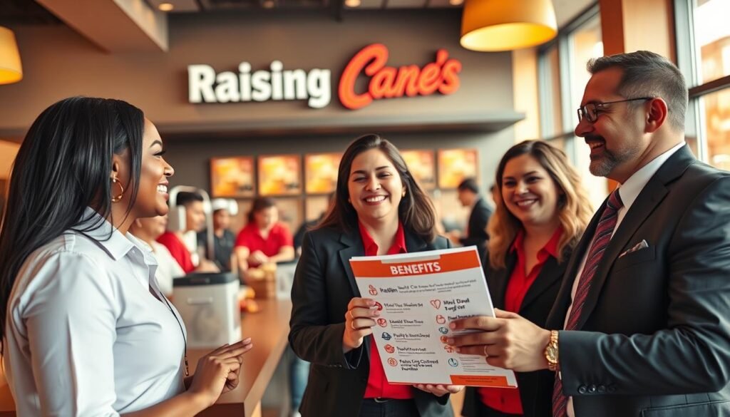 A vibrant and inviting scene depicting a group of Raising Cane's employees in a modern, well-lit restaurant environment, emphasizing their work culture and the comprehensive benefits they receive. In the foreground, two crewmembers in professional business attire are animatedly discussing perks, holding a benefits brochure that showcases health, retirement, and meal benefits. In the middle ground, other employees are engaged in various tasks, highlighting teamwork and camaraderie, such as serving food and assisting customers with friendly smiles. The background features the iconic Raising Cane's branding, with warm light filtering through large windows, creating a welcoming atmosphere. The overall mood is positive and energetic, reflecting a supportive workplace. Use a wide angle lens to capture the full scene, ensuring clarity and vibrancy in colors. A vibrant and inviting scene depicting a group of Raising Cane's employees in a modern, well-lit restaurant environment, emphasizing their work culture and the comprehensive benefits they receive. In the foreground, two crewmembers in professional business attire are animatedly discussing perks, holding a benefits brochure that showcases health, retirement, and meal benefits. In the middle ground, other employees are engaged in various tasks, highlighting teamwork and camaraderie, such as serving food and assisting customers with friendly smiles. The background features the iconic Raising Cane's branding, with warm light filtering through large windows, creating a welcoming atmosphere. The overall mood is positive and energetic, reflecting a supportive workplace. Use a wide angle lens to capture the full scene, ensuring clarity and vibrancy in colors.