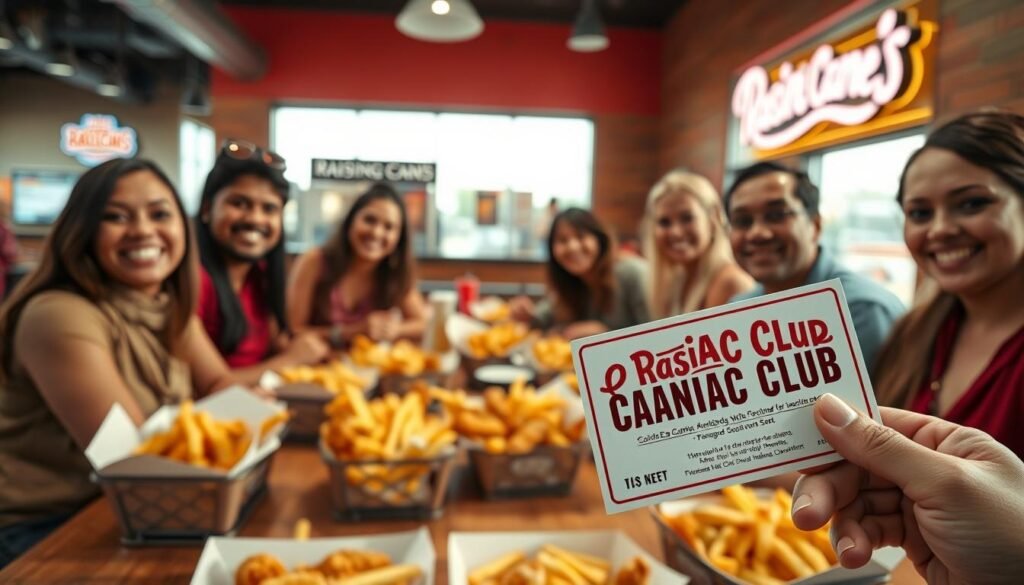 A vibrant and inviting scene showcasing the "Caniac Club" at Raising Cane's, with a cheerful group of diverse individuals dressed in modest casual clothing, gathered around a large table filled with delicious Raising Cane's food, including crispy chicken fingers and fries. In the foreground, close-up of a Caniac Club membership card held by a smiling person, emphasizing exclusivity. The middle ground features a lively atmosphere with people engaging happily and sharing stories, while bright, warm lighting enhances the overall welcoming vibe. In the background, the iconic Raising Cane's restaurant can be seen, complete with its recognizable logo and branding. The angle is slightly elevated, capturing the camaraderie and excitement of joining the club. The mood is joyful and community-oriented, perfect for illustrating rewards and rewards. A vibrant and inviting scene showcasing the "Caniac Club" at Raising Cane's, with a cheerful group of diverse individuals dressed in modest casual clothing, gathered around a large table filled with delicious Raising Cane's food, including crispy chicken fingers and fries. In the foreground, close-up of a Caniac Club membership card held by a smiling person, emphasizing exclusivity. The middle ground features a lively atmosphere with people engaging happily and sharing stories, while bright, warm lighting enhances the overall welcoming vibe. In the background, the iconic Raising Cane's restaurant can be seen, complete with its recognizable logo and branding. The angle is slightly elevated, capturing the camaraderie and excitement of joining the club. The mood is joyful and community-oriented, perfect for illustrating rewards and rewards.