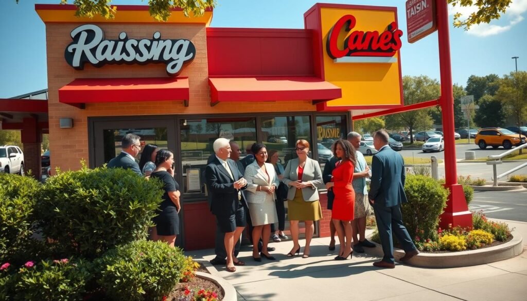 A vibrant and inviting view of a Raising Cane's restaurant on a sunny Tuesday afternoon. In the foreground, a welcoming entrance with bright red and yellow signage, flanked by well-maintained landscaping featuring green shrubs and colorful flowers. In the middle ground, a group of diverse, professionally dressed customers smiling and engaging in conversation while waiting in line, embodying a sense of community. The background showcases the restaurant’s signature design, complete with a busy parking lot and trees dotting the scenery. The sunlight captures the cheerful atmosphere, casting soft shadows and creating a warm, inviting feel. The lens should have a slight depth of field to emphasize the foreground while maintaining the restaurant in focus, evoking a sense of accessibility and approachability during normal operating hours.