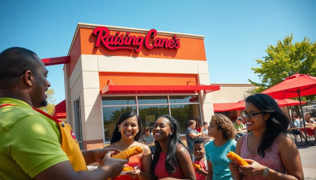 A vibrant, inviting scene depicting a Raising Cane's restaurant location on a sunny Tuesday afternoon. In the foreground, a friendly employee in a bright Raising Cane's uniform is serving freshly made chicken tenders to a diverse group of happy customers, including families and friends enjoying their meal together. The middle ground showcases the warm-toned, modern exterior of the restaurant with its signature red and white colors, large windows, and outdoor seating area filled with patrons. In the background, lush green trees and clear blue skies create a cheerful atmosphere. The sunlight casts soft shadows, enhancing the inviting feel of the scene. The image should capture a community-focused, family-friendly vibe while emphasizing the joy of finding and enjoying a local Raising Cane's.