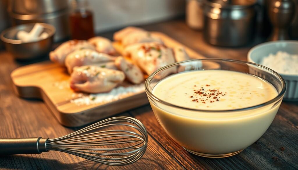 A vibrant kitchen scene showcasing a bowl of creamy buttermilk marinade, nestled on a rustic wooden countertop. The marinade is thick, glistening with golden hues, and dotted with fresh herbs and spices like garlic, paprika, and black pepper. In the foreground, a whisk rests beside the bowl, suggesting recent activity. In the middle background, a selection of chicken pieces ready for marination sits on a cutting board, coated in flour and spices. Soft, warm lighting illuminates the scene, creating a cozy, inviting atmosphere. The image has a slight depth of field to draw focus on the marinade, with a blurred array of cooking utensils and ingredients in the background, enhancing the culinary vibe without any distractions.