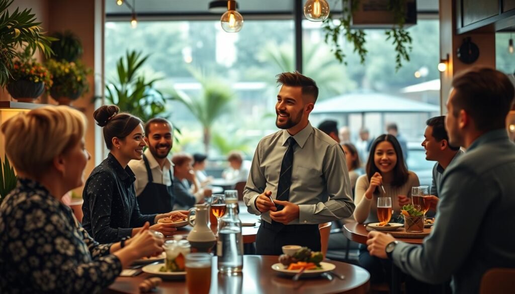 A vibrant restaurant scene illustrating work-life balance, featuring a cozy dining area filled with cheerful customers enjoying meals. In the foreground, a diverse group of employees, including a friendly server in a smart uniform and a manager in business casual, engage in a lighthearted conversation with guests. The middle ground showcases a well-arranged dining space with plants and soft lighting, creating a welcoming atmosphere. The background reveals a calming outdoor patio, where some patrons relax with drinks, embodying a sense of leisure. The warm, soft lighting casts a comfortable glow, while the angle captures the inviting essence of the restaurant, emphasizing community and harmony. The overall mood is positive, portraying the balance between work and relaxation in a bustling yet pleasant environment. A vibrant restaurant scene illustrating work-life balance, featuring a cozy dining area filled with cheerful customers enjoying meals. In the foreground, a diverse group of employees, including a friendly server in a smart uniform and a manager in business casual, engage in a lighthearted conversation with guests. The middle ground showcases a well-arranged dining space with plants and soft lighting, creating a welcoming atmosphere. The background reveals a calming outdoor patio, where some patrons relax with drinks, embodying a sense of leisure. The warm, soft lighting casts a comfortable glow, while the angle captures the inviting essence of the restaurant, emphasizing community and harmony. The overall mood is positive, portraying the balance between work and relaxation in a bustling yet pleasant environment.