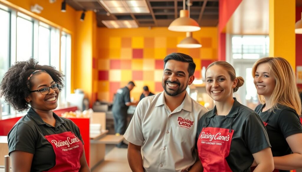 A vibrant scene depicting Raising Cane's employees inside a modern fast-food restaurant. In the foreground, three staff members, a diverse group consisting of a Black woman, a Hispanic man, and a Caucasian woman, are smiling and engaged in a friendly discussion while wearing smart, clean uniforms featuring the Raising Cane's logo. In the middle ground, a bustling kitchen can be seen, with employees efficiently preparing fresh chicken tenders and sides, emphasizing teamwork and camaraderie. The background showcases the restaurant’s colorful interior, with bright red and yellow decor and a lively, welcoming atmosphere. Natural daylight streams in through large windows, creating a warm and inviting glow. The mood is cheerful and professional, illustrating a positive work environment. A vibrant scene depicting Raising Cane's employees inside a modern fast-food restaurant. In the foreground, three staff members, a diverse group consisting of a Black woman, a Hispanic man, and a Caucasian woman, are smiling and engaged in a friendly discussion while wearing smart, clean uniforms featuring the Raising Cane's logo. In the middle ground, a bustling kitchen can be seen, with employees efficiently preparing fresh chicken tenders and sides, emphasizing teamwork and camaraderie. The background showcases the restaurant’s colorful interior, with bright red and yellow decor and a lively, welcoming atmosphere. Natural daylight streams in through large windows, creating a warm and inviting glow. The mood is cheerful and professional, illustrating a positive work environment.