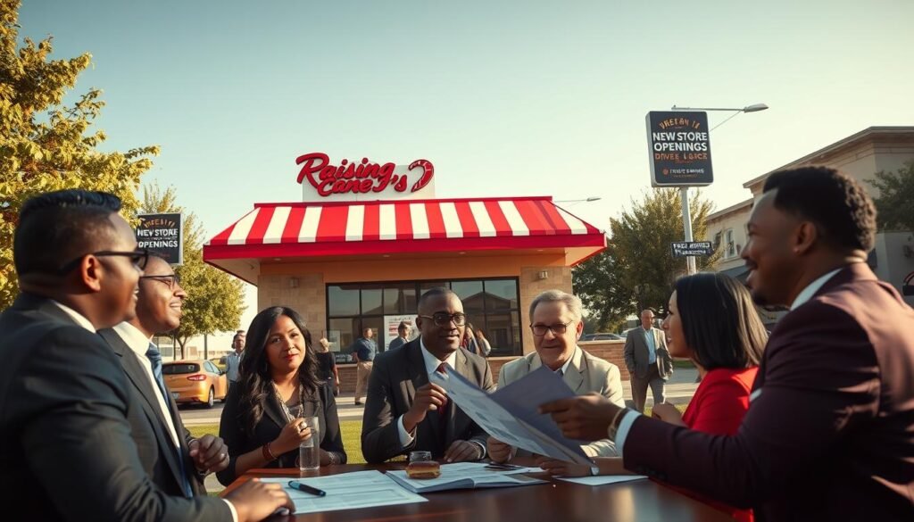 A vibrant scene of Raising Cane's expansion, showcasing a modern fast-food restaurant design with a large red and white striped awning. In the foreground, a diverse group of professionals in business attire engage in animated conversation, holding plans and discussing strategy over a table. The middle ground features the restaurant with an inviting glass entrance and a drive-thru window, while promotional banners highlight new store openings. The background reveals a bustling street with cars and pedestrians, symbolizing community engagement. The scene is bathed in warm afternoon sunlight, creating a cheerful and optimistic atmosphere. The angle captures the bustling energy of growth, emphasizing a sense of progress and opportunity.