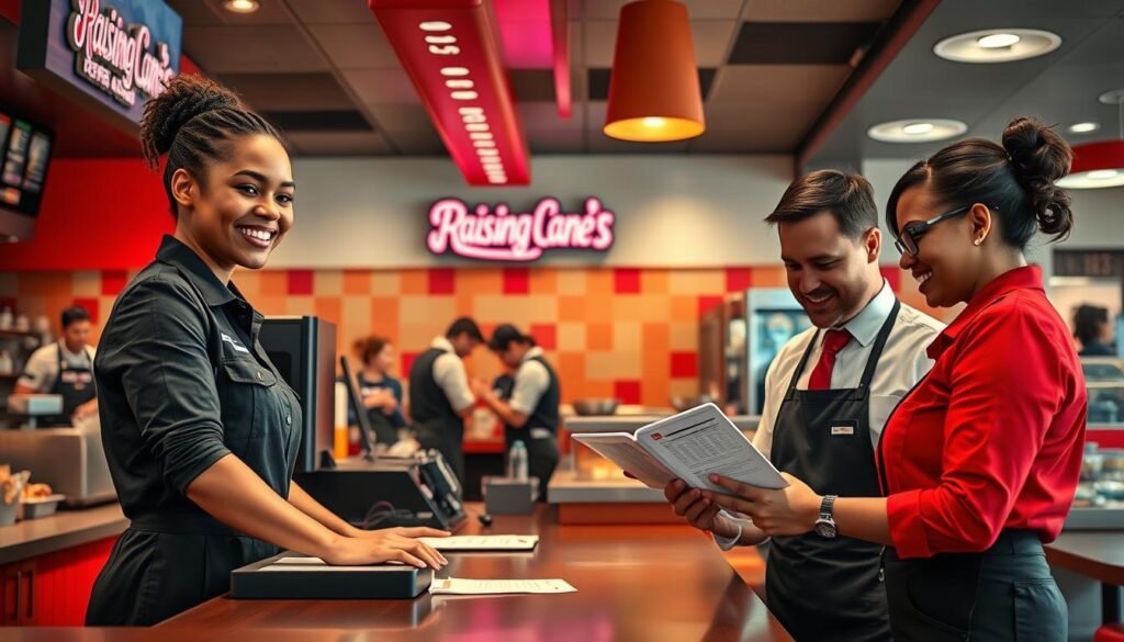 A visually engaging scene depicting a lively Raising Cane's restaurant setting, showcasing various employees in professional attire, including cashiers, cooks, and managers working harmoniously. In the foreground, an employee gently serves a customer at the counter with a warm smile. The middle ground features a team collaborating in the kitchen, preparing food efficiently, while a manager reviews employee performance charts on a tablet. In the background, vibrant colors from the restaurant's signature branding create a friendly atmosphere, illuminated by soft overhead lighting, enhancing the sense of a busy yet organized work environment. The composition captures a dynamic yet inviting mood, emphasizing teamwork and professionalism within the fast-food industry, with a lens focused on creating a vibrant and engaging image. A visually engaging scene depicting a lively Raising Cane's restaurant setting, showcasing various employees in professional attire, including cashiers, cooks, and managers working harmoniously. In the foreground, an employee gently serves a customer at the counter with a warm smile. The middle ground features a team collaborating in the kitchen, preparing food efficiently, while a manager reviews employee performance charts on a tablet. In the background, vibrant colors from the restaurant's signature branding create a friendly atmosphere, illuminated by soft overhead lighting, enhancing the sense of a busy yet organized work environment. The composition captures a dynamic yet inviting mood, emphasizing teamwork and professionalism within the fast-food industry, with a lens focused on creating a vibrant and engaging image.