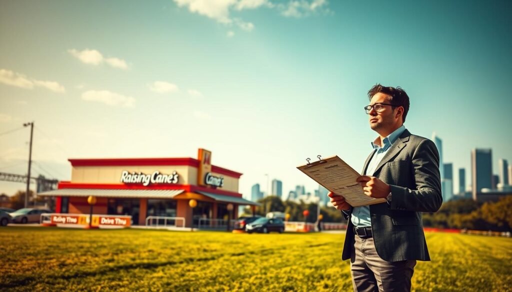 A visually striking composition illustrating the concept of "raising cane risks" in a business context. In the foreground, a concerned franchisee in a smart casual outfit stands thoughtfully, looking at a clipboard with risk assessment charts. The middle ground features a large Raising Cane's restaurant with a vibrant color scheme, showcasing the brand's signature chicken dishes and drive-thru, symbolizing operational challenges. In the background, a city skyline looms, representing the competitive landscape and economic factors affecting franchises. The lighting is balanced, highlighting the franchisee in soft daylight, with shadows adding depth to the scene. The mood is contemplative and purposeful, emphasizing the complexities of running a franchise. The perspective is angled slightly upward, suggesting ambition and opportunity amid challenges.