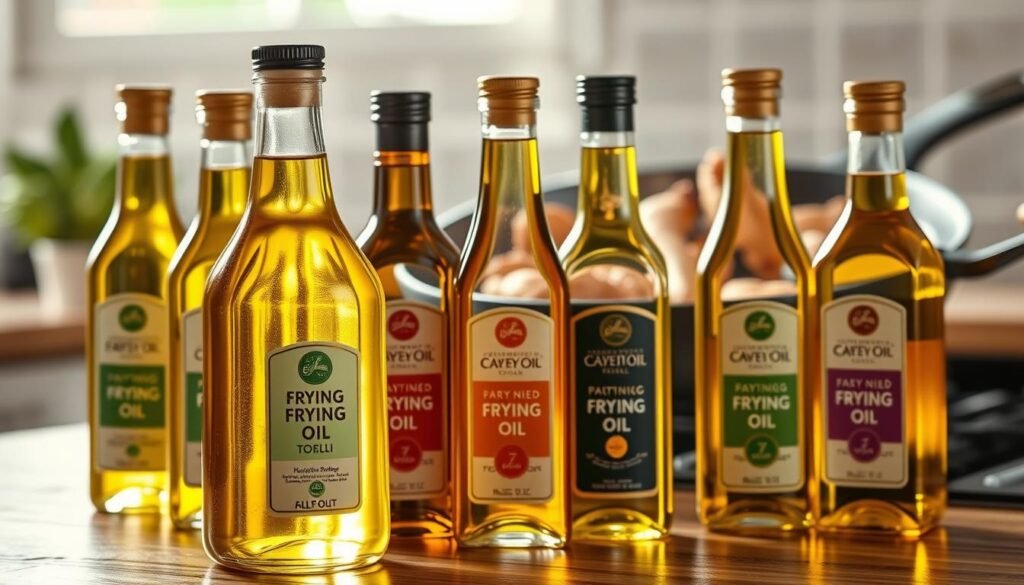 An arrangement of various frying oil blends displayed in elegant glass bottles, each labeled with ingredients like canola, soybean, and palm oil. In the foreground, highlight a clear bottle filled with golden-hued oil, reflecting light to emphasize its clarity and freshness. The middle ground features additional bottles with vibrant colors, illustrating the diversity of the blend. The background offers a soft-focus kitchen setting, with a frying pan and fresh chicken tenders sizzling gently. Warm, natural lighting enhances the inviting feel of the scene, while a shallow depth of field keeps the focus on the oil blends. The atmosphere is clean, professional, and appetizing, perfect for a culinary article.