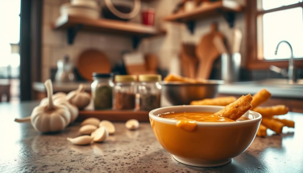 An inviting, rustic kitchen countertop scene featuring a small bowl of Raising Cane's dipping sauce, rich and creamy with a hint of a dark orange hue, surrounded by fresh ingredients like garlic cloves and spices. The foreground showcases the bowl, with a dipping item, like fries or chicken tenders, resting on the edge. In the middle, there are small jars of spices and herbs, hinting at the sauce's secret blend. The background displays a softly blurred kitchen setting with wooden shelves and cooking utensils. Soft, warm lighting filters through a nearby window, creating a cozy atmosphere, emphasizing the homemade aspect of the sauce preparation. The angle captures the scene from a slightly elevated viewpoint, inviting the viewer into the process of preparing this delicious dipping sauce. An inviting, rustic kitchen countertop scene featuring a small bowl of Raising Cane's dipping sauce, rich and creamy with a hint of a dark orange hue, surrounded by fresh ingredients like garlic cloves and spices. The foreground showcases the bowl, with a dipping item, like fries or chicken tenders, resting on the edge. In the middle, there are small jars of spices and herbs, hinting at the sauce's secret blend. The background displays a softly blurred kitchen setting with wooden shelves and cooking utensils. Soft, warm lighting filters through a nearby window, creating a cozy atmosphere, emphasizing the homemade aspect of the sauce preparation. The angle captures the scene from a slightly elevated viewpoint, inviting the viewer into the process of preparing this delicious dipping sauce.